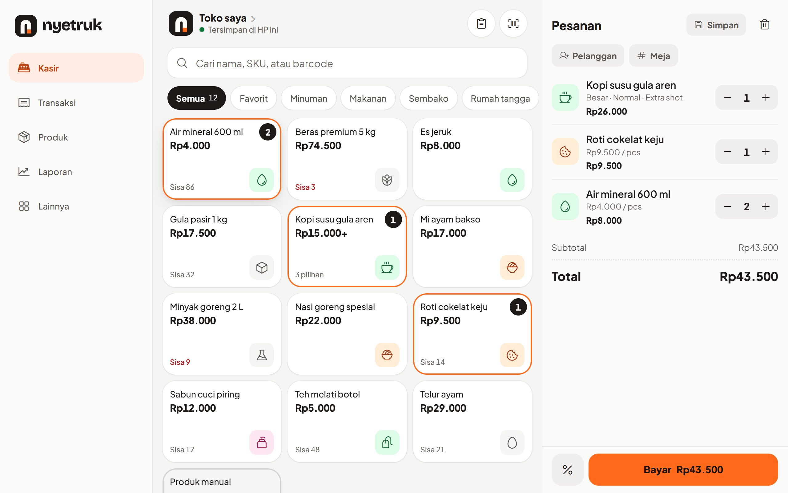 Nyetruk di laptop: daftar produk di kiri, pesanan di kanan