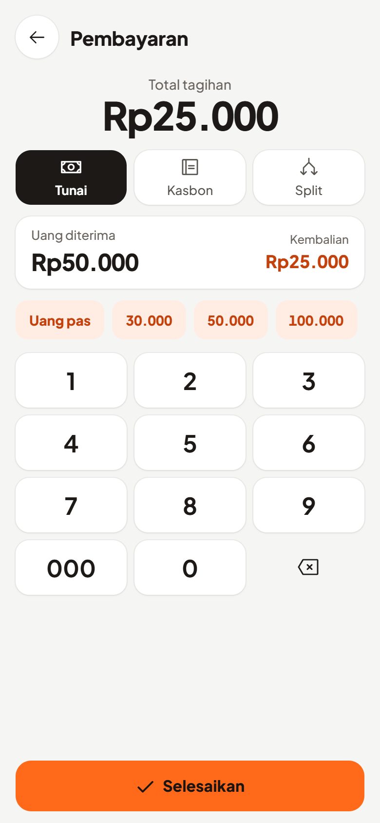 Layar pembayaran tunai dengan kembalian